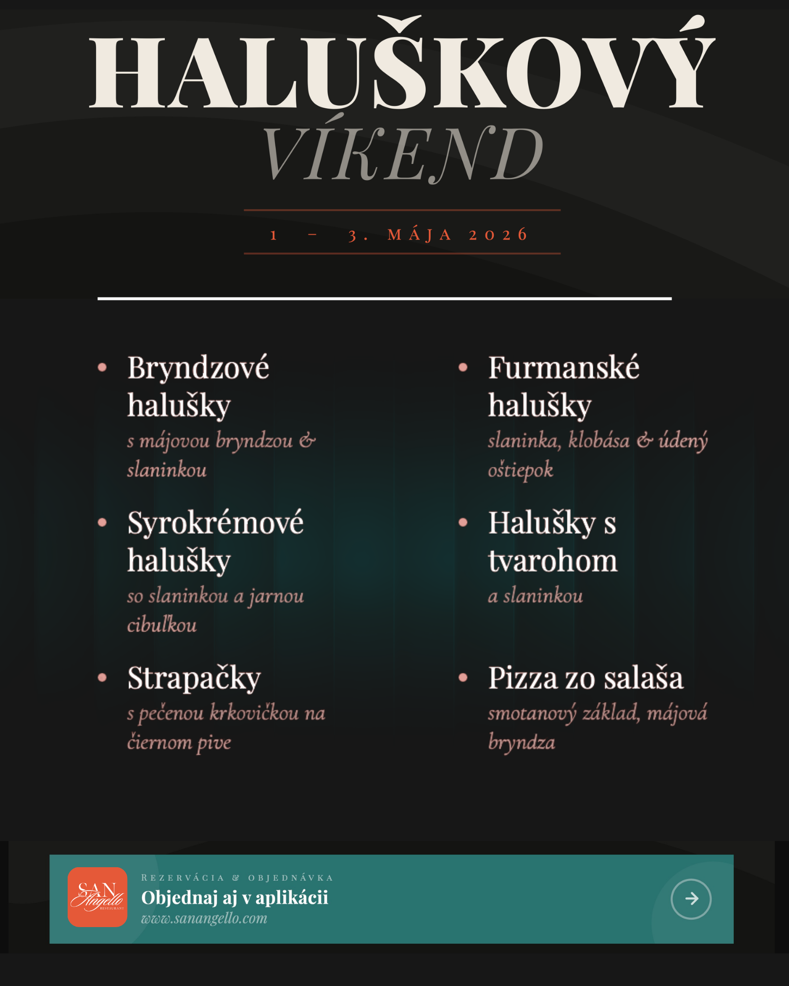 Haluškový víkend v San Angello, 1. až 3. mája 2026